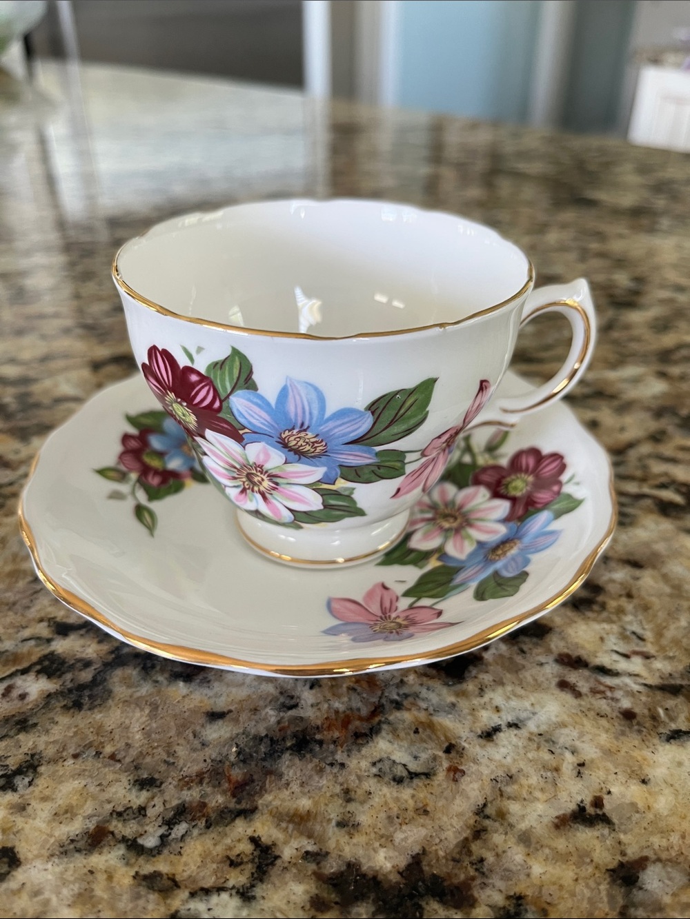 Fine Bone China Floral Teacup & Saucer - White with Pink, Blue & Green Flowers